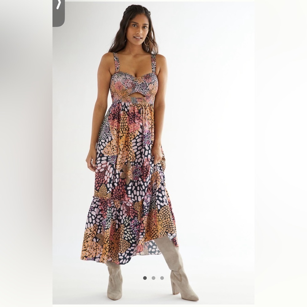 Anthropologie Geisha Designs Smocked Maxi Dress in Black, pink and orange- Small